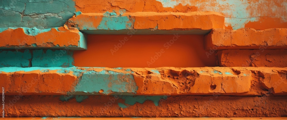 Poster textured abstract background of rough weathered bricks in orange and teal colors with visible paint 
