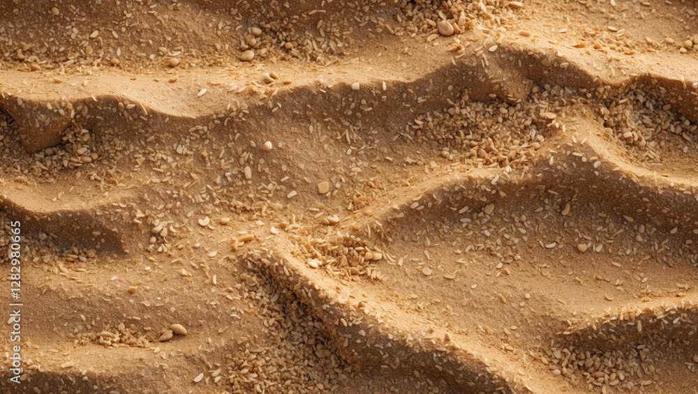 Aufkleber close-up view of textured sandy surface with fine grains and small stones creating natural patterns 
