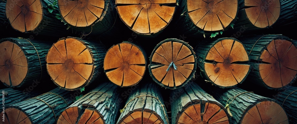Poster close-up view of stacked wooden logs displaying natural rings and textures of cut timber logs arrang
