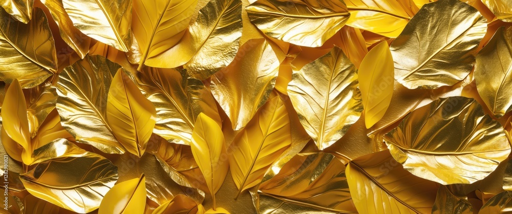 Poster golden leaves background abstract pattern with shiny metallic texture for design and decoration uses