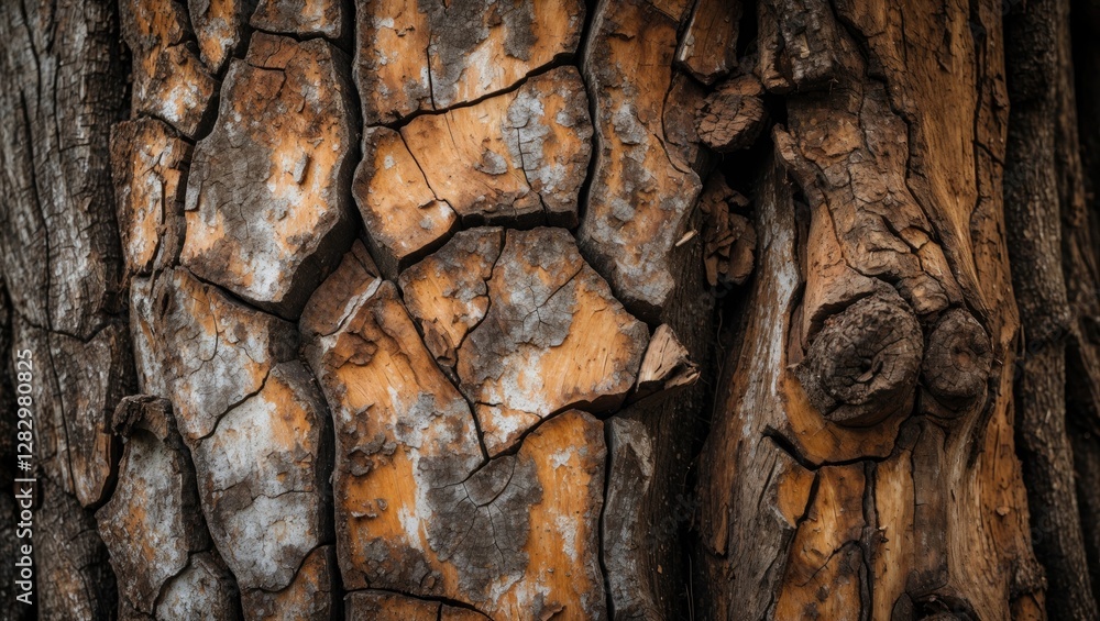 Poster textured close-up of weathered tree bark with cracks and natural color variations in wood grain