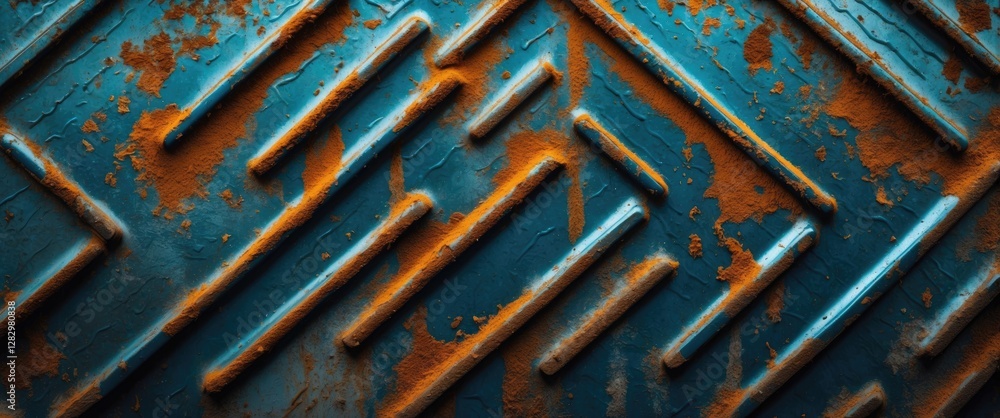 Poster blue and orange abstract texture with geometric patterns and rust details on metal surface