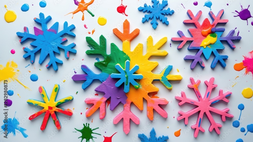 Poster colorful painted snowflakes on a white background with splashes of paint in various colors creating 
