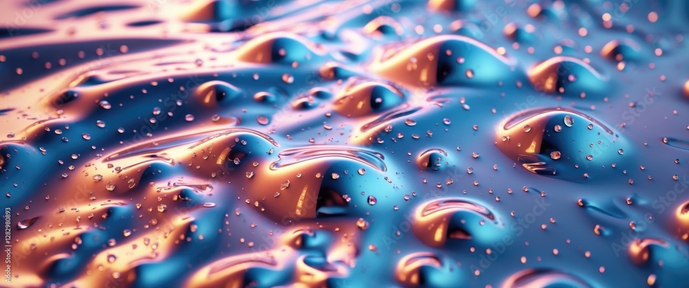 Poster close-up of colorful water droplets on a smooth surface with a reflective finish creating an abstrac