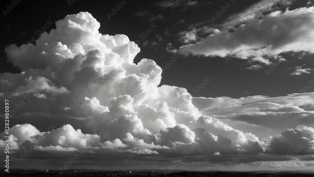 Poster dramatic black and white clouds in a clear sky with varying shades and textures creating depth and c