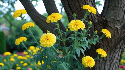 Yellow marigold flowers blooming beside a tree in a garden setting with blurred colorful background flowers