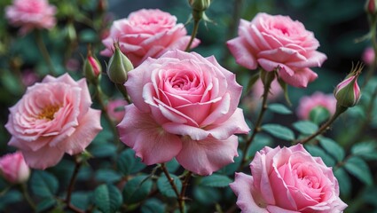 Fototapeta premium Pink roses in full bloom surrounded by green leaves showcasing the beauty of nature in a garden setting