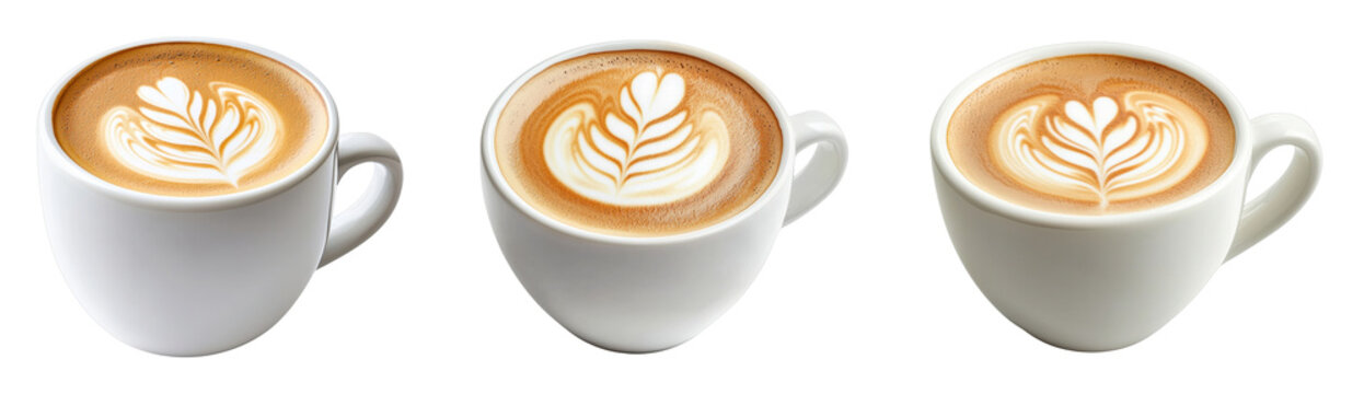 Artistic coffee latte designs in white cups