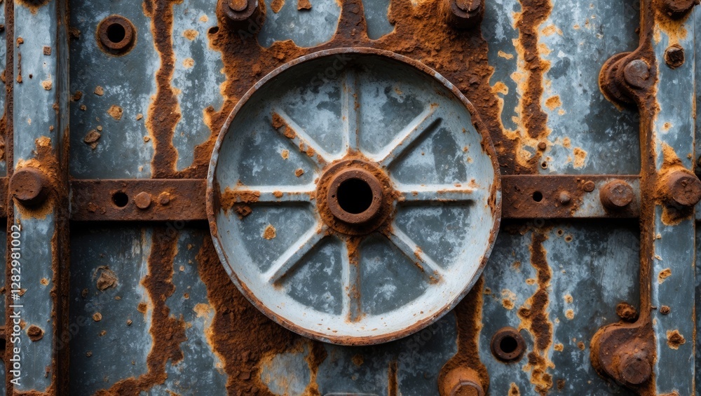 Poster rusty metal surface with circular detail and weathered texture featuring corroded elements and indus