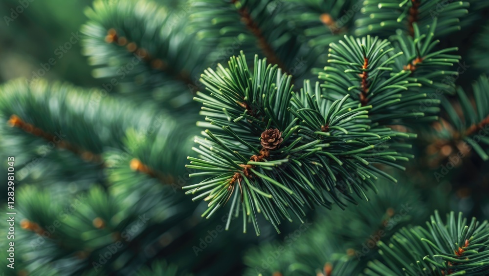 Aufkleber close up of evergreen pine tree branch with sharp green needles and a small pine cone against a blur