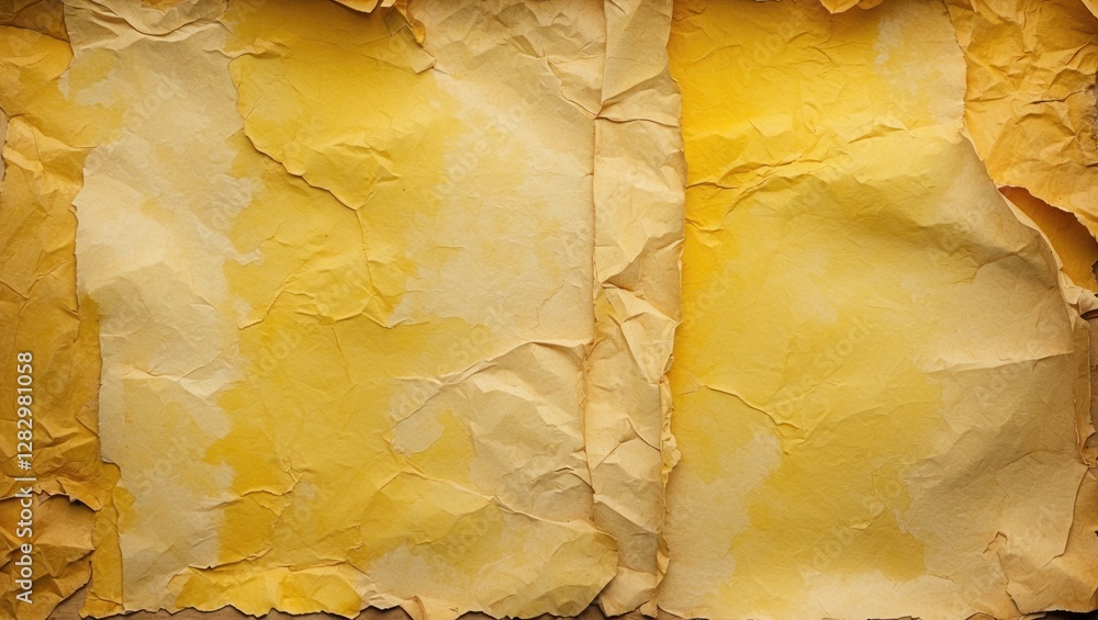 Poster crumpled yellow textured paper background with soft lighting and uneven surfaces in a symmetrical la