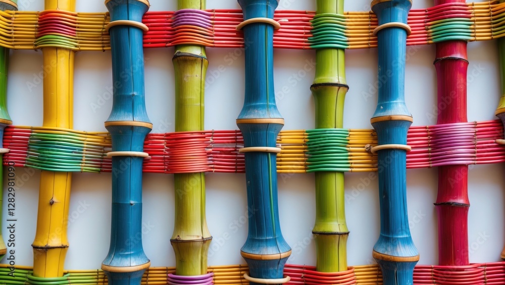 Poster colorful woven bamboo and plastic strips creating a textured background with vertical and horizontal
