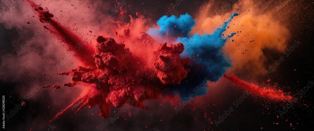 Poster colorful powder explosion in red blue and orange against a dark background creating dynamic abstract