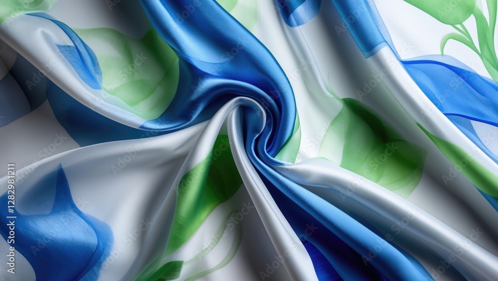 Poster close-up view of elegant fabric with blue and green floral pattern draped elegantly displaying smoot