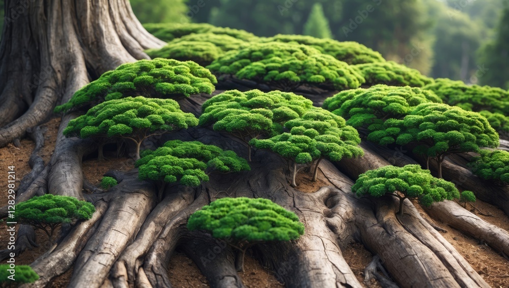 Aufkleber bonsai trees growing on a large tree root system in a lush green forest setting during daylight