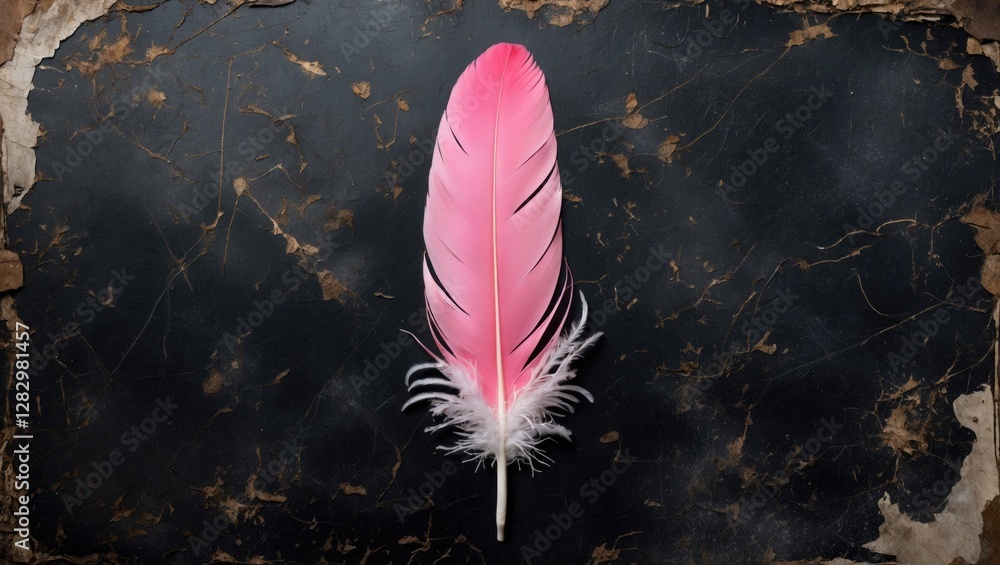 Poster pink feather on a distressed black background with textured edges showcasing vibrant colors and intr