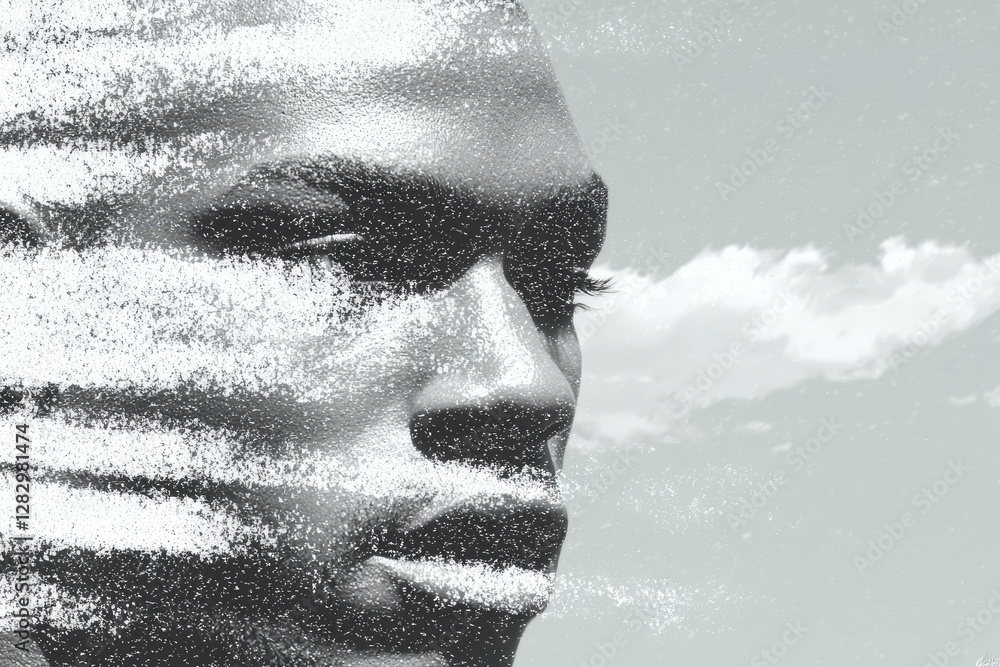 Poster monochrome artistic portrait of person with textured overlay, blending with cloudy sky background. i