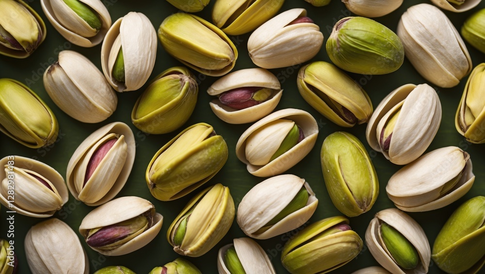 Poster pistachio nuts in various states of open and closed shells arranged on a dark background
