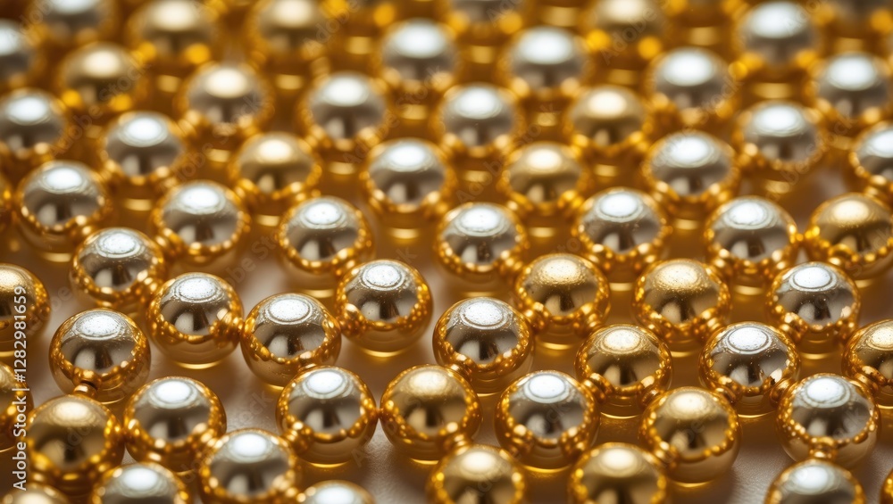 Poster gold and silver reflective metal balls arranged in a dense pattern creating a textured background