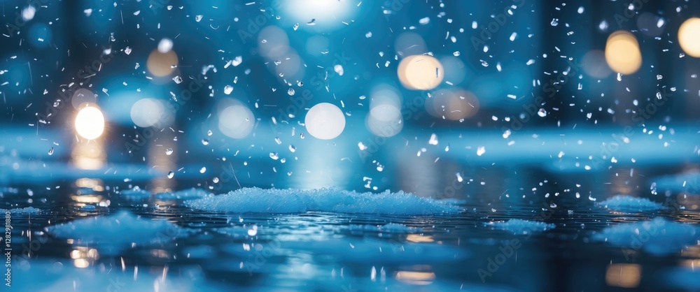 Poster snowflakes falling gently on a reflective wet surface with blurred lights in the background during a