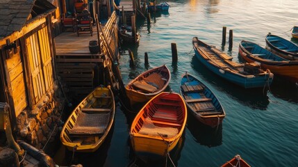 A serene waterfront scene featuring colorful boats nestled by a rustic dock. The sun casts a warm glow on the tranquil water. Perfect for nature lovers. Generative AI