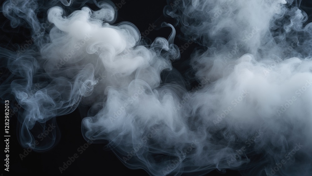 Poster white smoke on a black background with wispy tendrils and a soft, ethereal appearance creating a moo