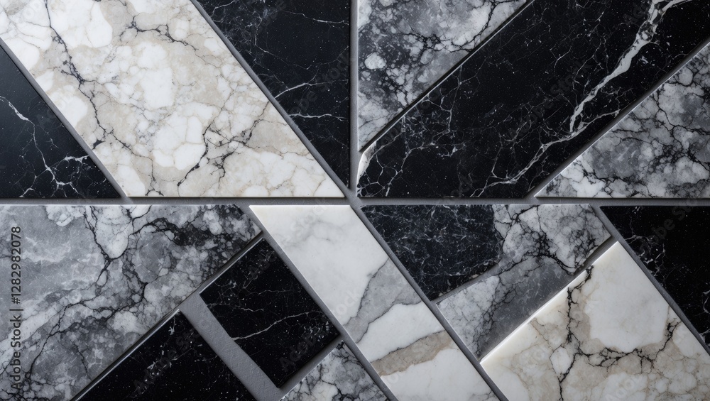 Poster geometric pattern of black and white marble tiles with varied textures and colors arranged in a mode