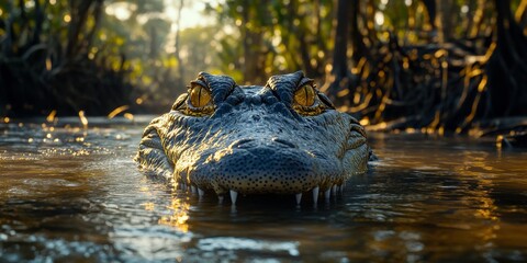 Fototapeta premium Saltwater crocodile emerging from the water in australia at sunset
