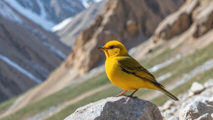 Fototapeta premium Yellow bird perched on a rock with mountainous landscape in the background under clear blue sky