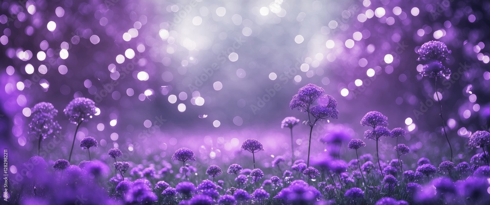 Poster purple flower field with bokeh background in softfocus, creating a dreamy atmospheric landscape scen