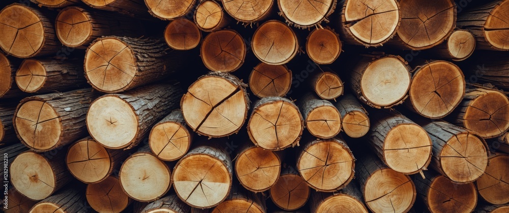 Poster close-up view of stacked tree logs with distinct rings and textures showcasing natural wood patterns