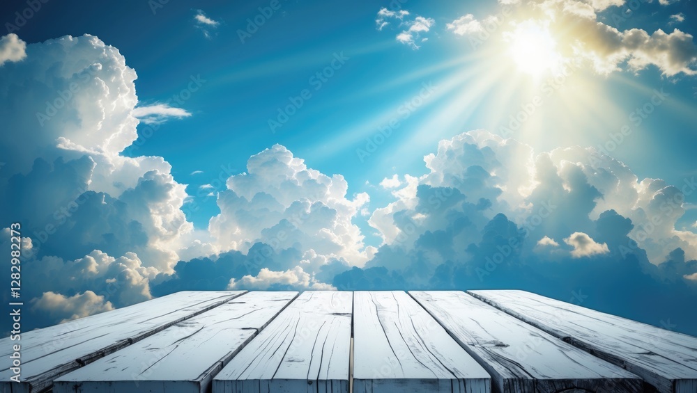 Aufkleber sky background with clouds and sun rays above wooden table surface for display and presentations