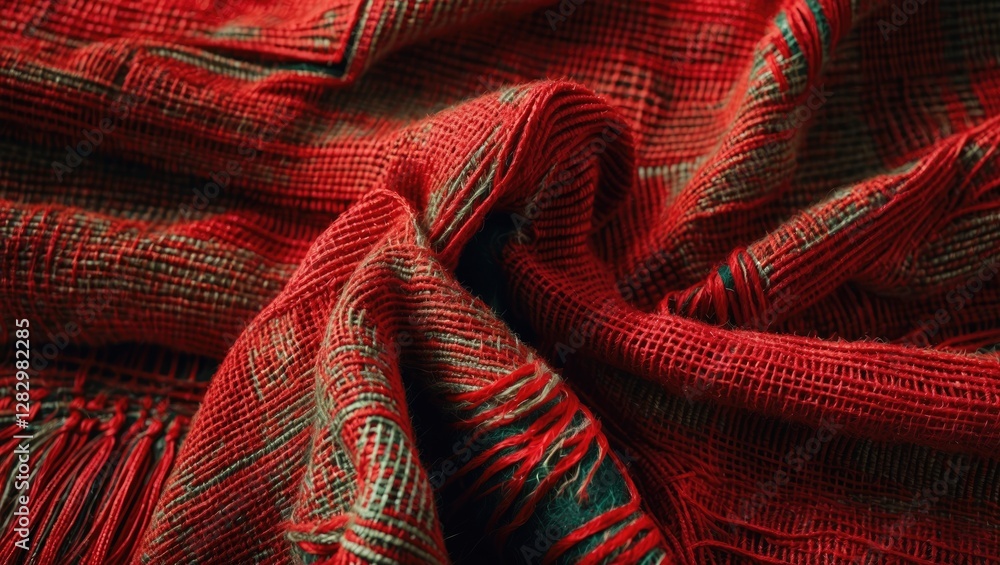 Poster textured red fabric with intricate patterns and fringed edges, detailed close-up shot showcasing fab