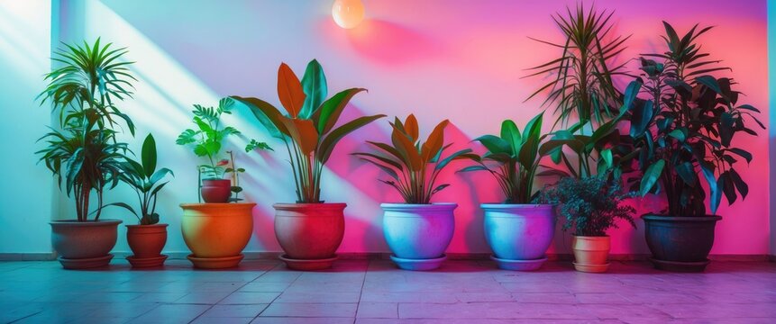 Colorful indoor plants in various pots arranged against a wall with ambient lighting and shadows in a modern setting