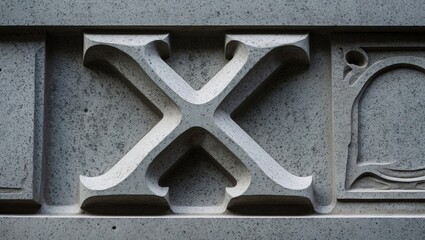 Close-up view of carved stone letter X on textured surface with artistic detail in rock material and shading effects