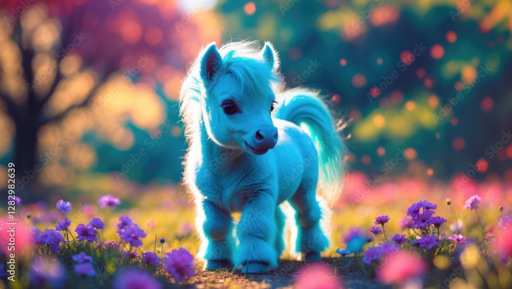 Poster miniature horse standing in a vibrant flower field with colorful bokeh background and soft sunlight 