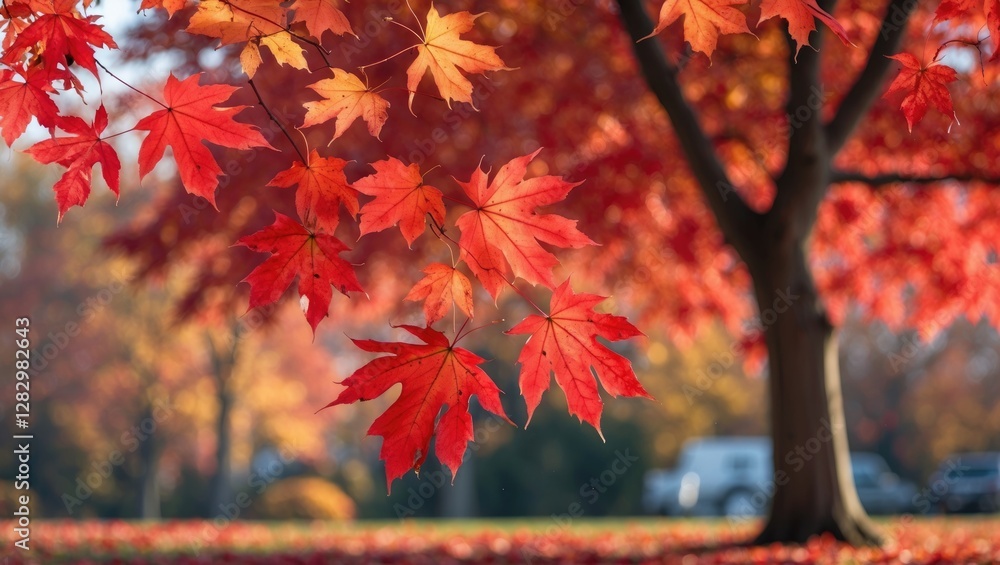Poster vibrant red maple leaves in autumn with blurred background of colorful fall foliage and a tree in a 