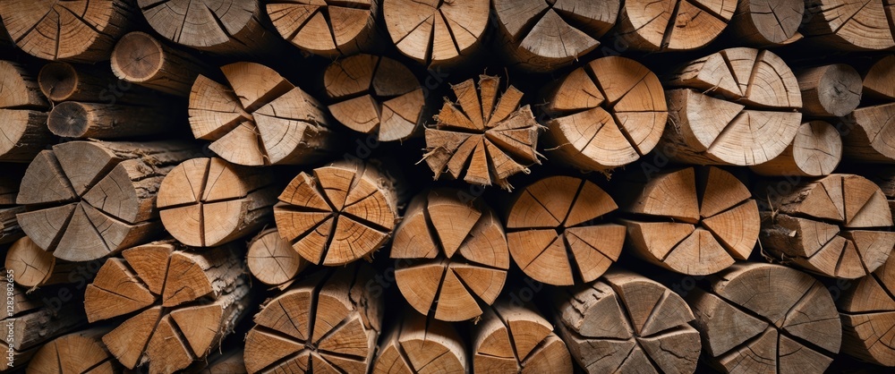 Poster stacked logs with circular cross-sections arranged in a pattern with various diameters and textures 