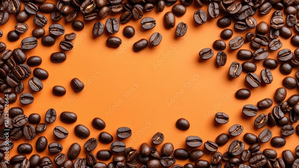 Poster coffee beans scattered on an orange background creating a textured frame with empty space in the cen
