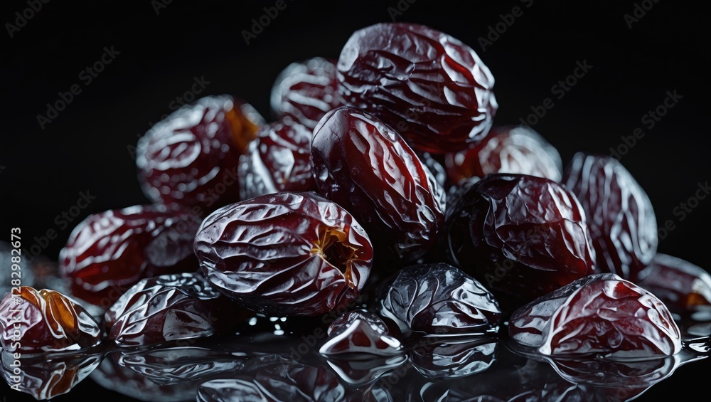 Poster dried dates on black reflective surface with intricate textures and rich colors in an artistic arran