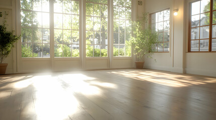 Sunlit room with hardwood floor, large windows showing lush green trees, ideal for yoga, meditation, or relaxation