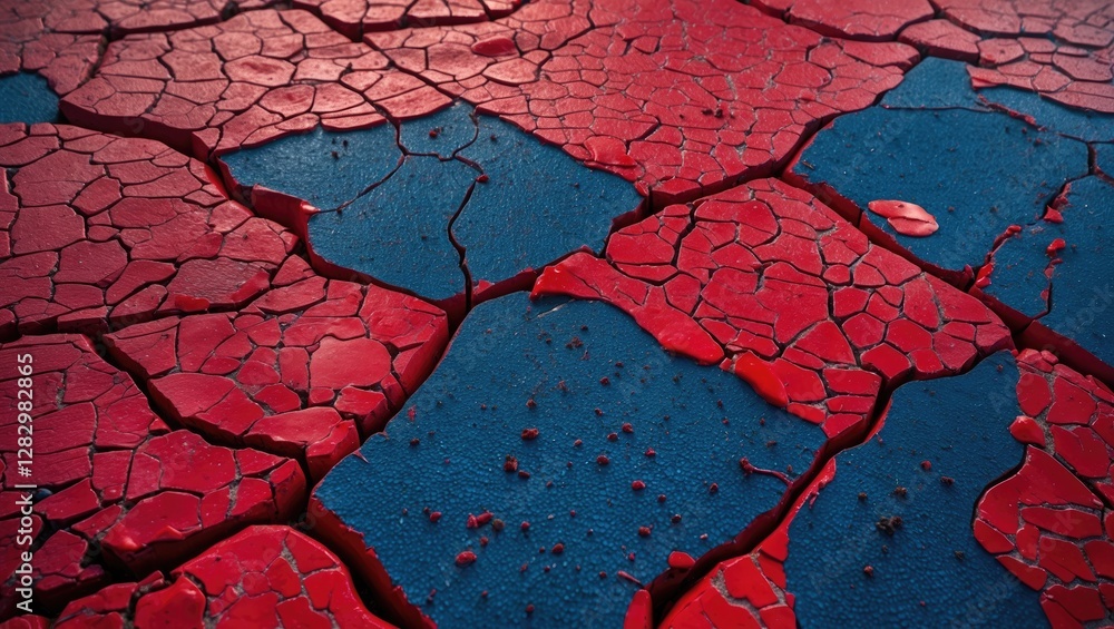 Poster cracked red and blue paint texture background on a surface displaying intricate patterns and details