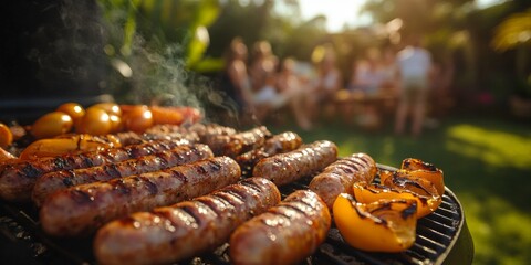 Delicious sausages and vegetables grilling at a backyard barbecue in australia