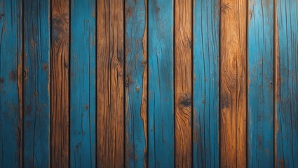 Obraz premium Wooden wall texture with blue and brown painted planks in a rustic and weathered appearance.