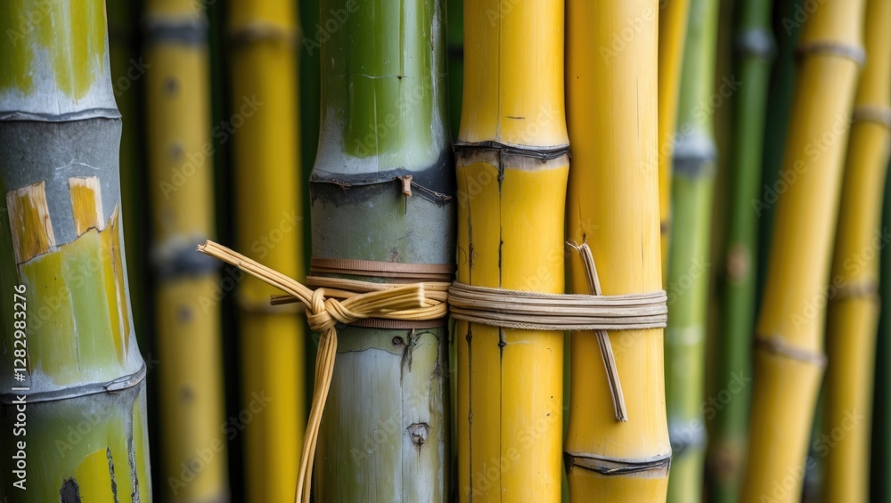 Poster close-up view of bamboo stalks in various colors tied together with natural string showcasing their 
