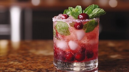 refreshing mojito cranberry cocktail with mint lime and ice tropical summer drink served in a glass perfect for parties mixology and bar specials with a sweet and sour citrus taste