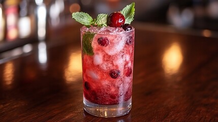 refreshing mojito cranberry cocktail with mint lime and ice tropical summer drink served in a glass perfect for parties mixology and bar specials with a sweet and sour citrus taste
