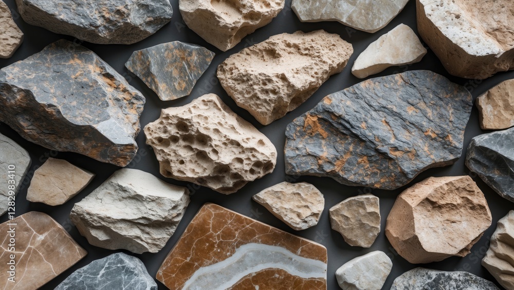 Aufkleber collection of various textured stones and rocks arranged on a flat surface in natural colors and pat