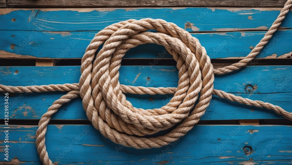 Aufkleber coiled natural rope on rustic blue wooden background with visible texture and patterns