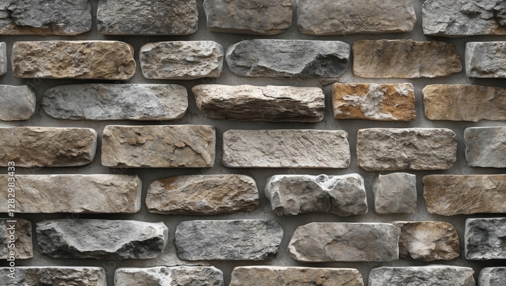 Poster textured stone wall with various shades of gray and beige rectangular blocks arranged in a tradition